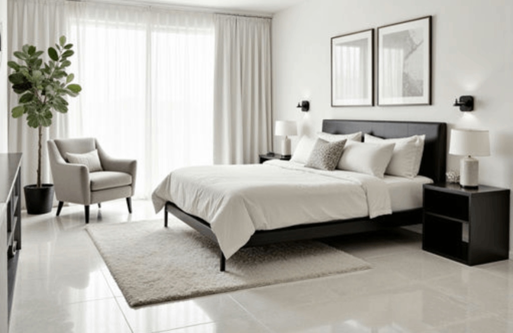 luxury bedroom of a high end home project with marble flooring using Platino Galaxy marble which has a warm platin-grey color. Clean marble tile. Atlas Tile & Stone