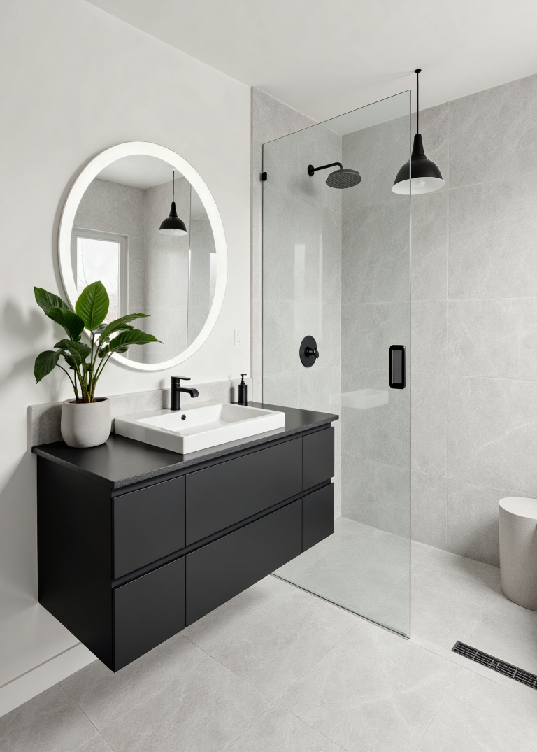 modern luxury bathroom with grey marble tiles wall lining and flooring. Atlas Tile and Stone, supplier of stone tiles in Moorabbin