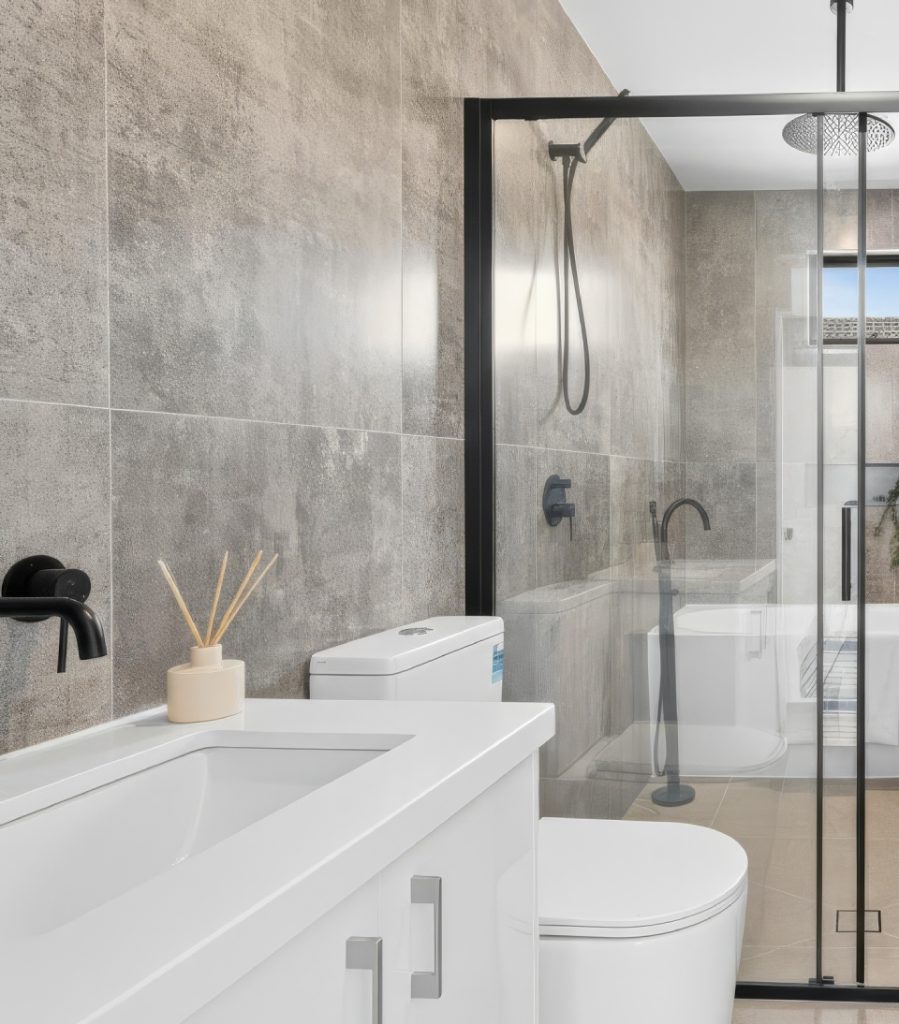 Modern high-end bathroom used large format porcelain tile light grey in satin finish-Atlas Tile & Stone