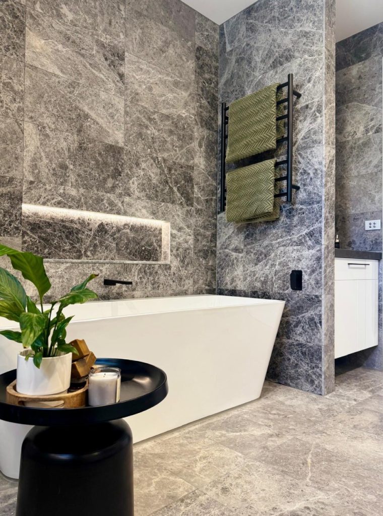 natural stone bathroom project designed with Tundra Black marble. Atlas Tile & Stone supplier tiles Moorabbin , Brighton & Cheltenham.