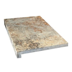 Beautiful drop face for pool coping , material is silver travertine tumbled finish. Supply by Atlas tile & Stone Moorabbin